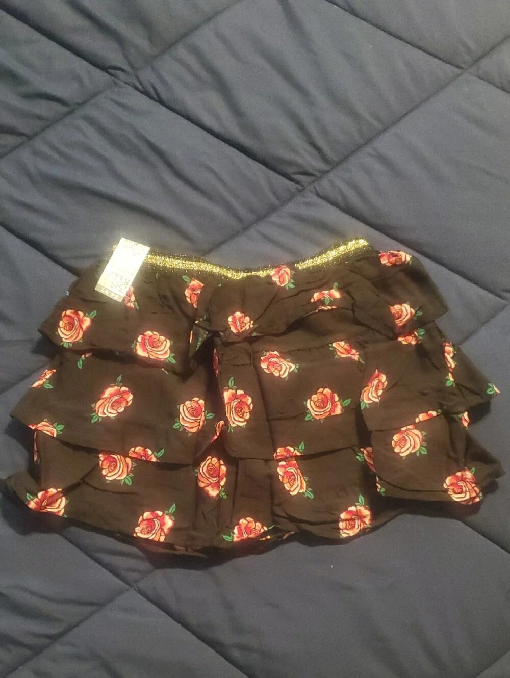 Girls Floral Ruffle Skirt - Black with Red Roses